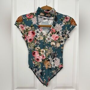 Teal Floral Mock Neck Bodysuit | Vibe S